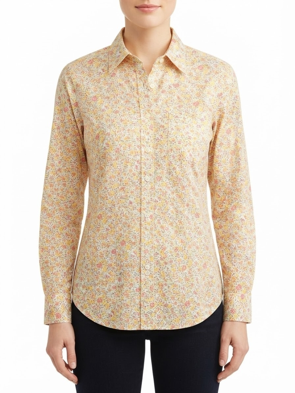Ann Mashburn Floral Cream & Yellow Button Down Shirt Size Small
